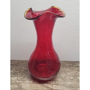 Vintage Hand Blown Ruby Red Crackle Glass Bud Vase 7" Tall Open Pontil GLOWS